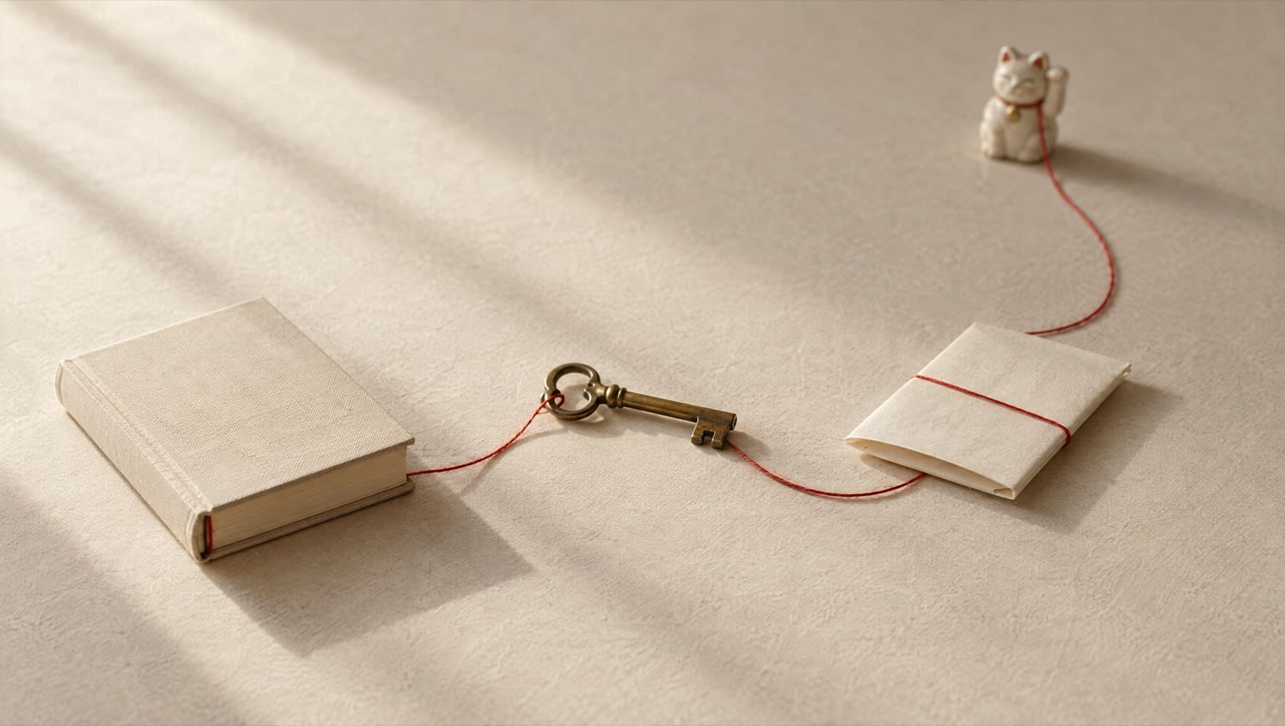 A ledger, a brass key and a folded note, joined by a red thread that ends at a small lucky cat figurine.