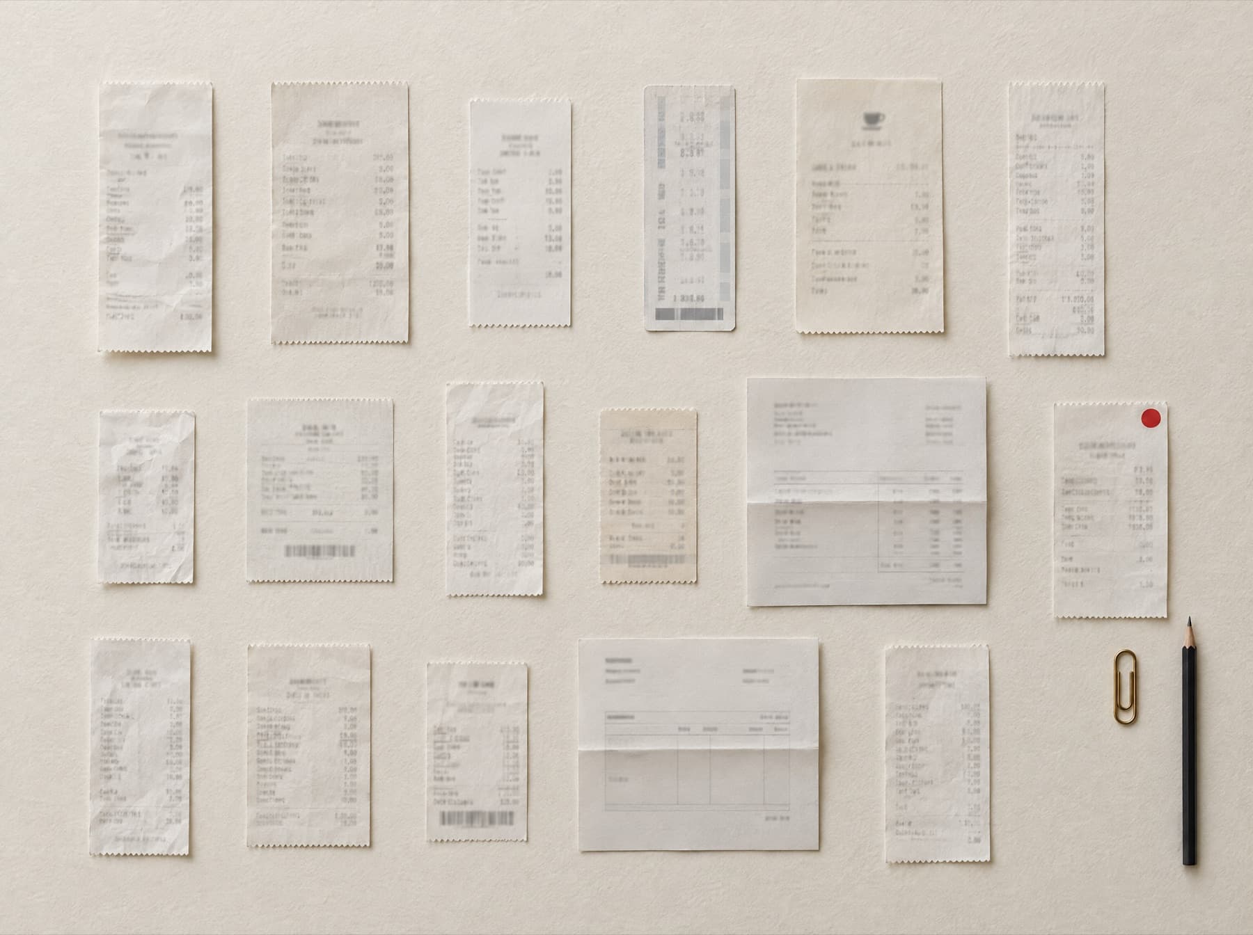 Receipts and invoices neatly lined up on light paper, photographed from above.